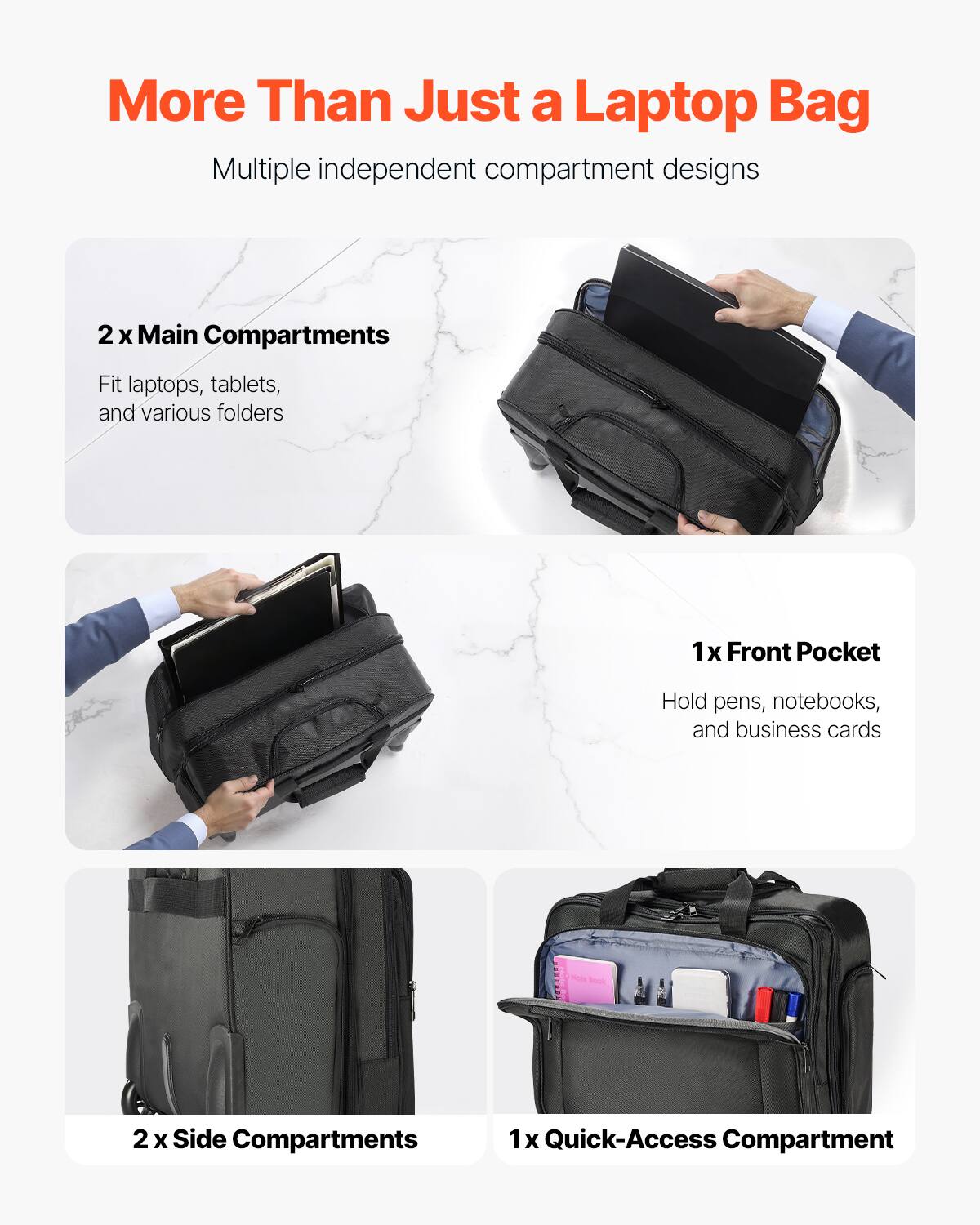 More Than Just a Laptop Bag

Multiple independent compartment designs

2 x Main Compartments  
Fit laptops, tablets, and various folders

1 x Front Pocket  
Hold pens, notebooks, and business cards

2 x Side Compartments

1 x Quick-Access Compartment