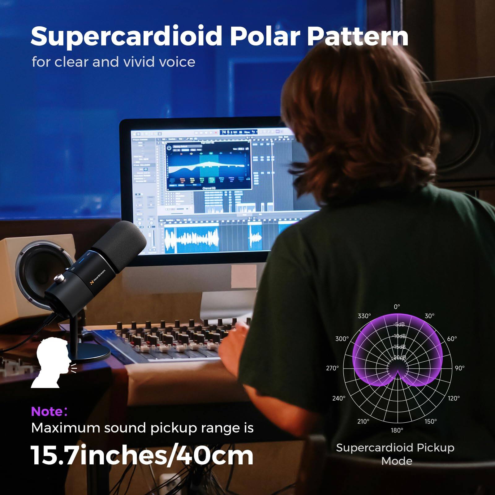 Supercardioid Polar Pattern for clear and vivid voice

Note: Maximum sound pickup range is 15.7 inches/40 cm

Supercardioid Pickup Mode