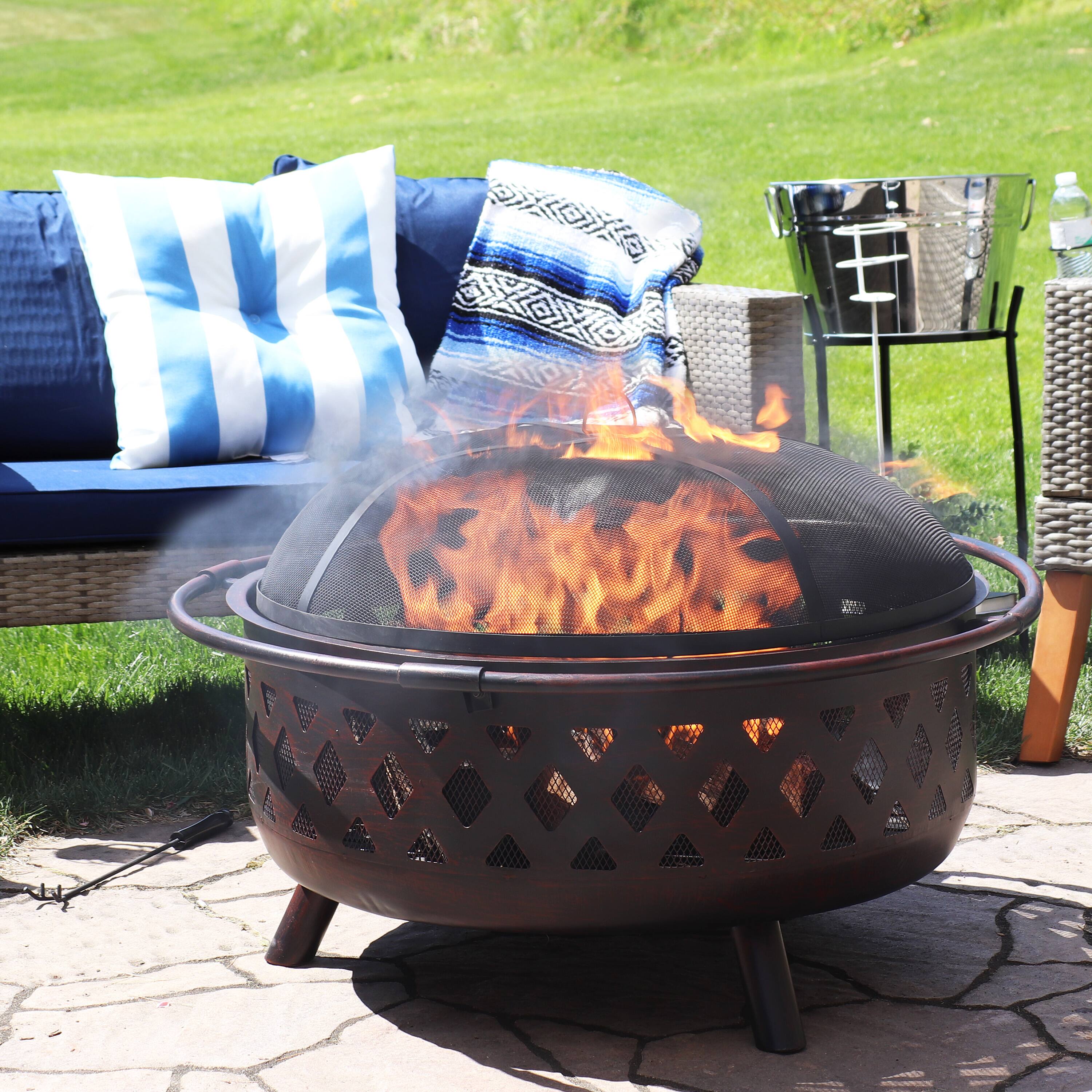 Alt View 1. Sunnydaze - 36 in Crossweave Steel Fire Pit with Screen and Poker - Bronze.