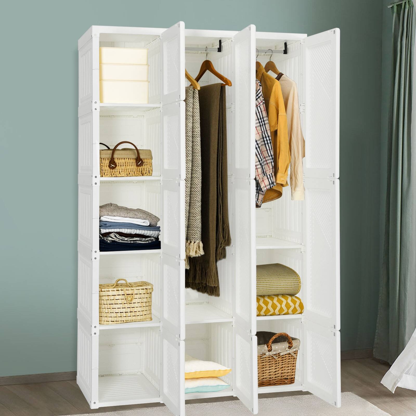 Angle. SlickBlue - Portable Wardrobe Closet with 10 Cubes, Foldable Fabric Armoire Design - White.