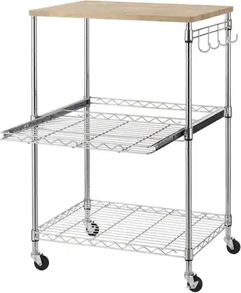 Front. Finnhomy - Finnhomy 3-Tier Rolling Kitchen Cart – 15" D x 23" W Oak Wood Top with Slider Shelf, Chrome - Chrome.