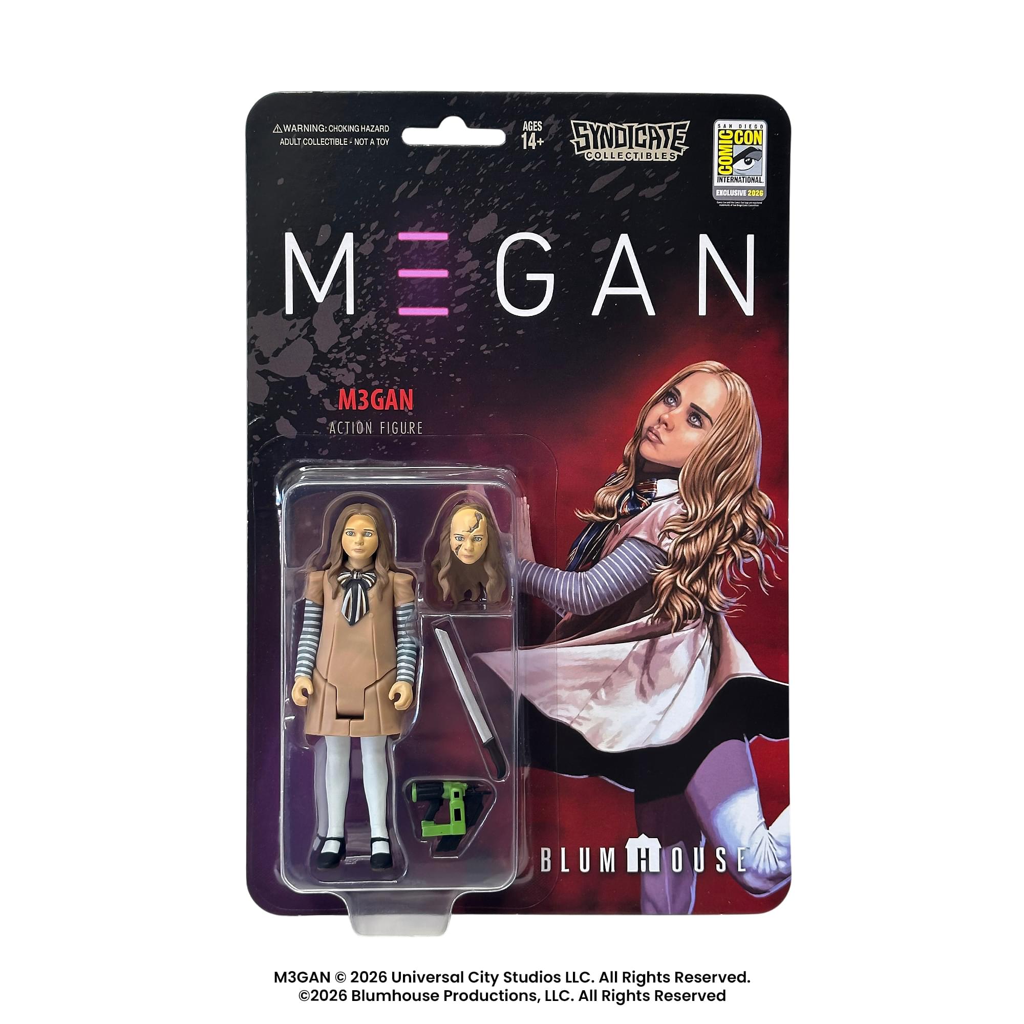 A WARNING: CHOKING HAZARD AGES 14+ ADULT COLLECTIBLE NOT A TOY

SYNDICATE COMIC CON COLLECTIBLES INTERNATIONAL EXCLUSIVE

M3GAN ACTION FIGURE

BLUMHOUSE

M3GAN © 2026 Universal City Studios LLC. All Rights Reserved. ©2026 Blumhouse Productions, LLC. All Rights Reserved