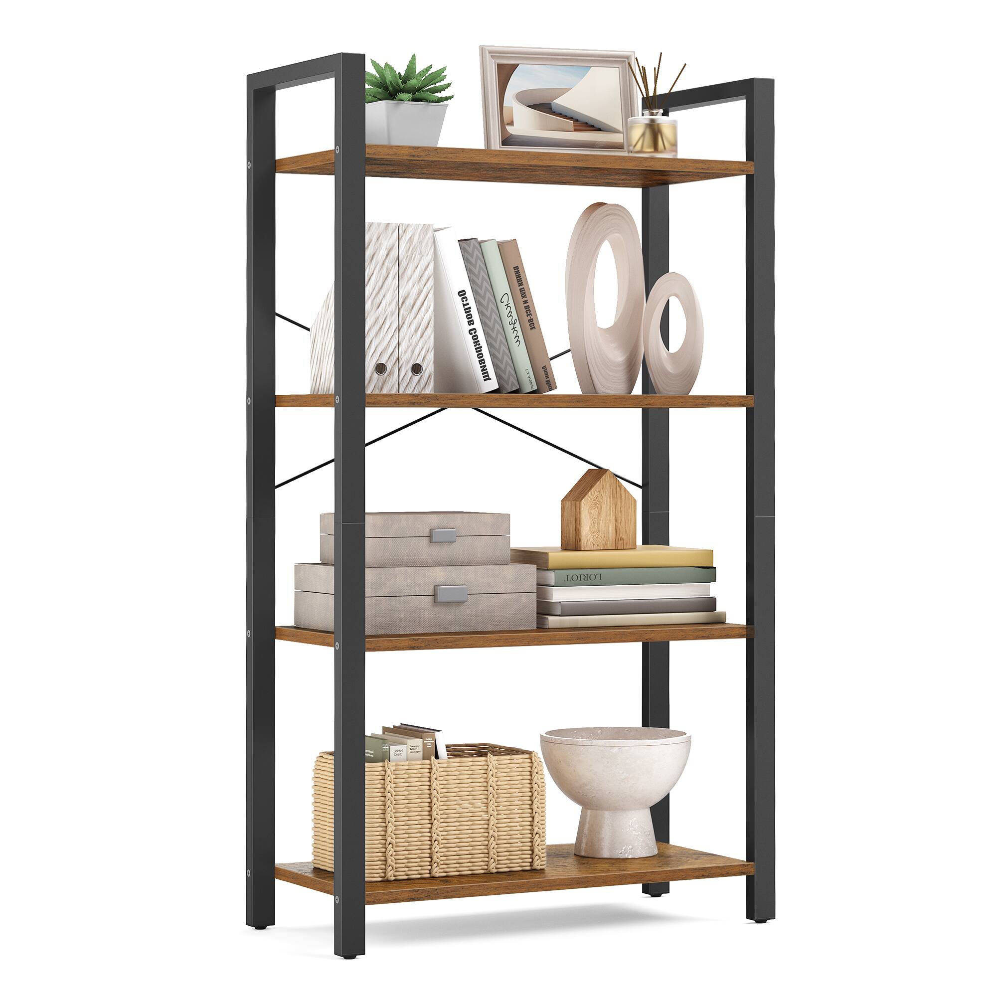 Songmics Home - 4-Tier Storage Shelf, Freestanding Bookcase for Home Office, Living Room, Industrial, Rustic Brown and Black - Rustic Brown and Ink Black