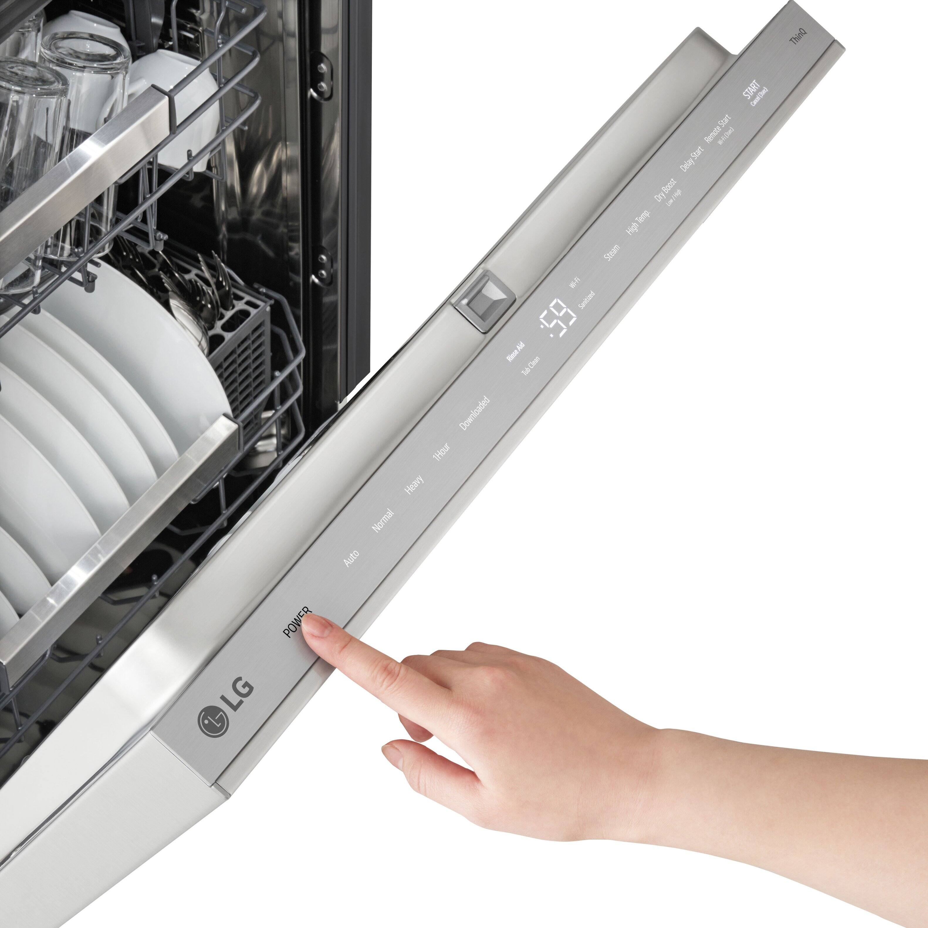 The text on the image is: "ThinQ START B RemoteStart 5 I DelayStart DryBoost I Steam C Service 65 1 SECHP Downloaded THour Heavy Normal Auto LG 4. POWER"