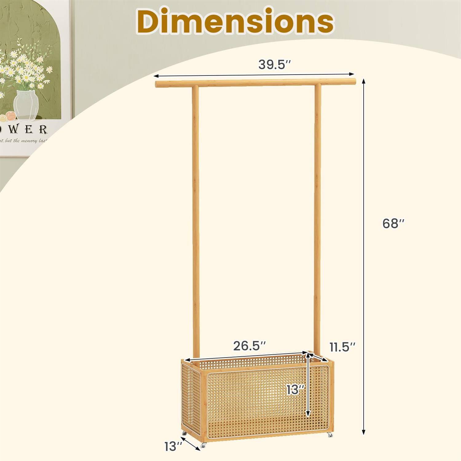 Dimensions:  
- Width: 39.5"  
- Height: 68"  
- Depth: 26.5"  
- Basket Width: 11.5"  
- Basket Depth: 13"  
- Basket Height: 13"