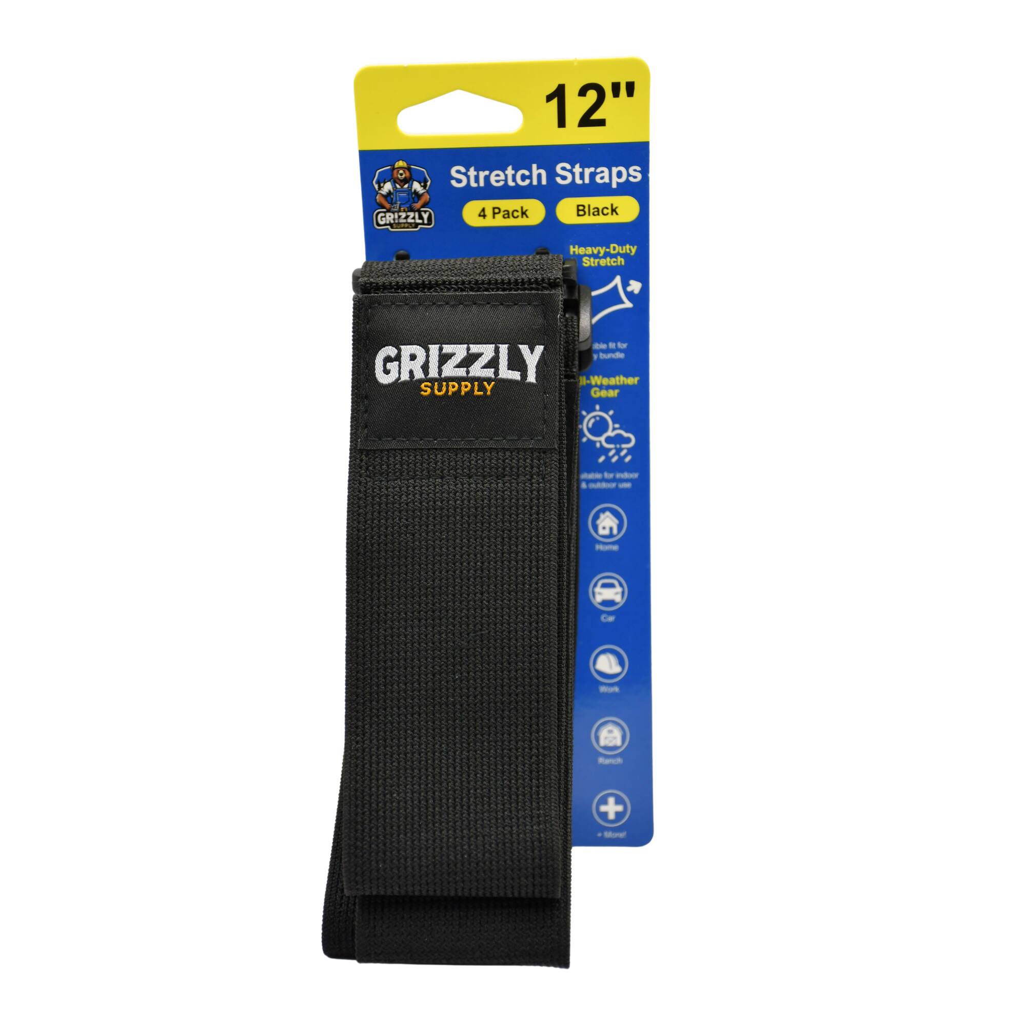 12" Stretch Straps 4 Pack Black GRIZZLY | Heavy-Duty Stretch - Il-Weather & SUPPLY Gear - to - a - Cr - Rech +