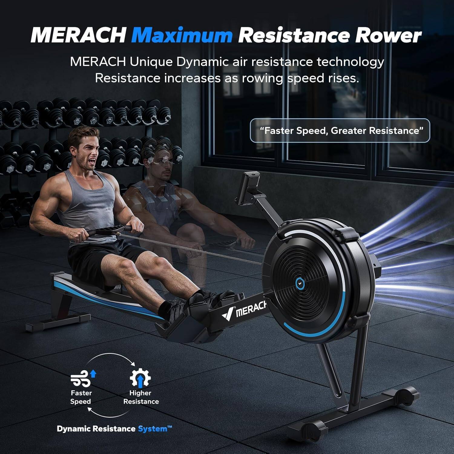 MERACH Maximum Resistance Rower

MERACH Unique Dynamic air resistance technology
Resistance increases as rowing speed rises.

"Faster Speed, Greater Resistance"

Faster Speed Higher Resistance Dynamic Resistance System