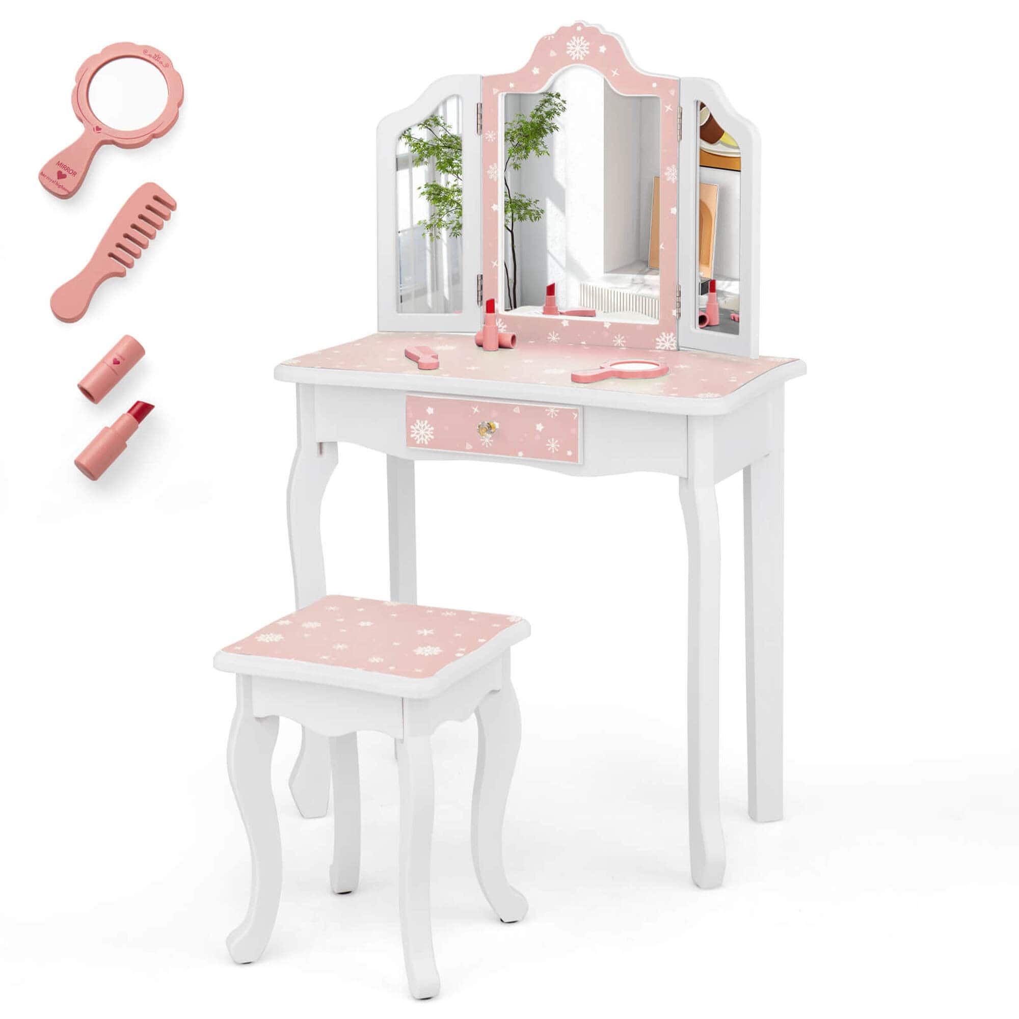 Costway - Kids Vanity Set Toddler Makeup Table & Stool with Tri-folding Mirror Drawer - Pink