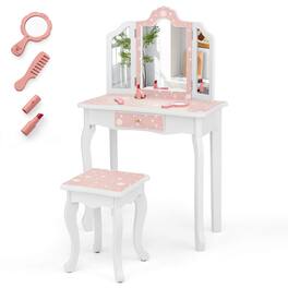 Costway - Kids Vanity Set Toddler Makeup Table & Stool with Tri-folding Mirror Drawer - Pink