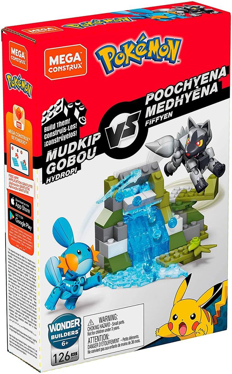 **Front:**

- Pokémon
- Mega Construx
- Poochena Medhyena Fiffyena
- Build them! Construis-les! Constrúyelos!
- Mudkip Gobou Hydorpi
- Free App Application Gratuite Aplicación Gratuita Aplicación Gratuita
- Download on App Store Get it on Google Play
- Wonder Builders 6+
- 126 pieces
- Warning: Small parts. Choking hazard. Not for children under 3 years. Attention: Petits éléments. Danger d'étouffement. Ne convient pas aux enfants de moins de 36 mois.

**Left Side:**

- Mega Construx
- Mega Construx Beyonders
- Build them! Construis-les! Constrúyelos!
- Free App Application Gratuite Aplicación Gratuita Aplicación Gratuita
- Download on App Store Get it on Google Play

**Back:**

- (Text is not fully visible, but includes safety warnings and product details)