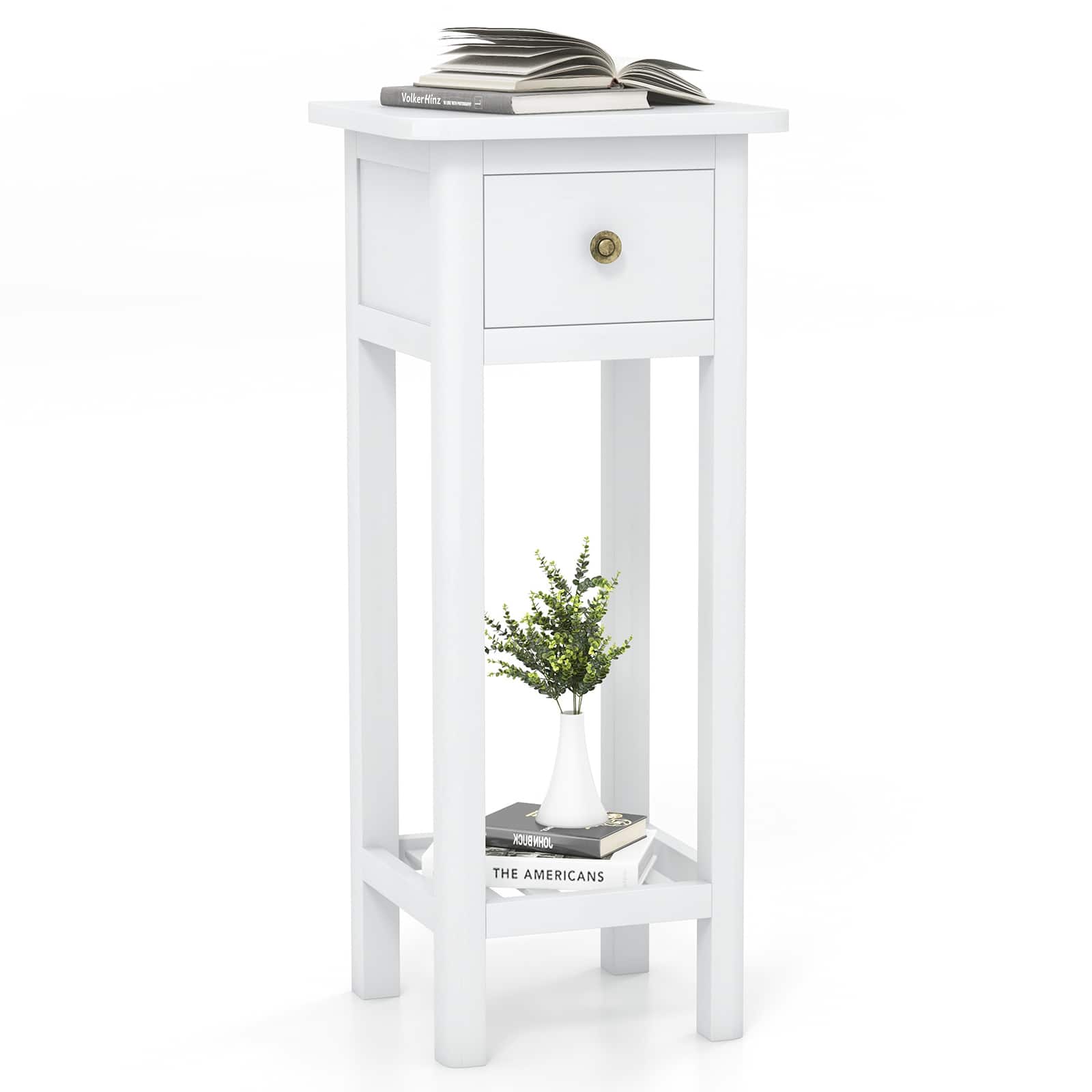 Costway - 2 Tier End Bedside Sofa Side Table with Drawer Shelf Acacia Wood Nightstand - White