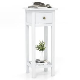 Costway - 2 Tier End Bedside Sofa Side Table with Drawer Shelf Acacia Wood Nightstand - White