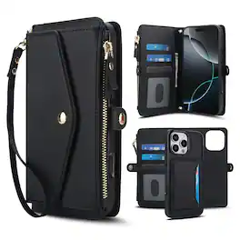 Dteck - Crossbody RFID Blocking Zipper Wallet Card For iPhone 16 Pro Handbag Magnetic Kickstand Wrist Strap Case - Black