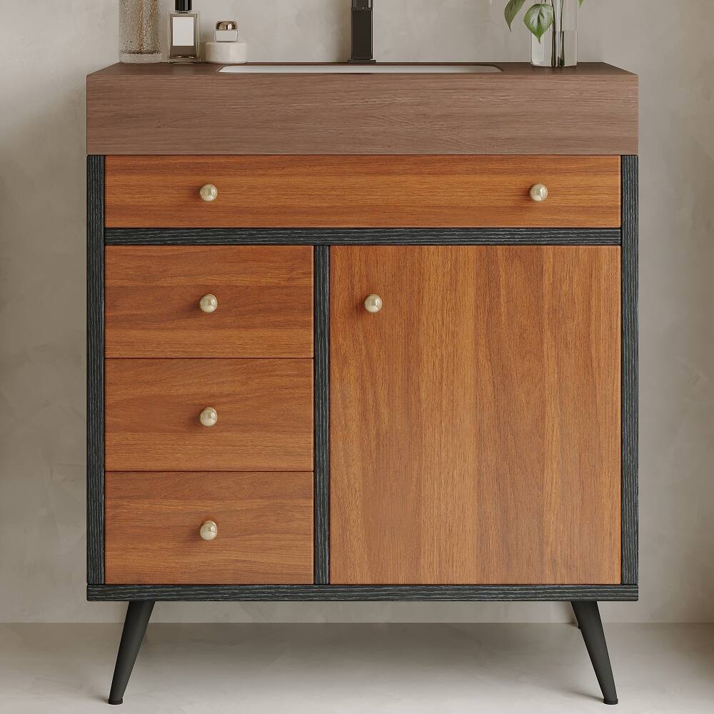 Angle. Loheer - Loheer 30 inch bathroom vanity with sink Walnut Mid-Century Modern Freestanding Cabinet - Walnut.
