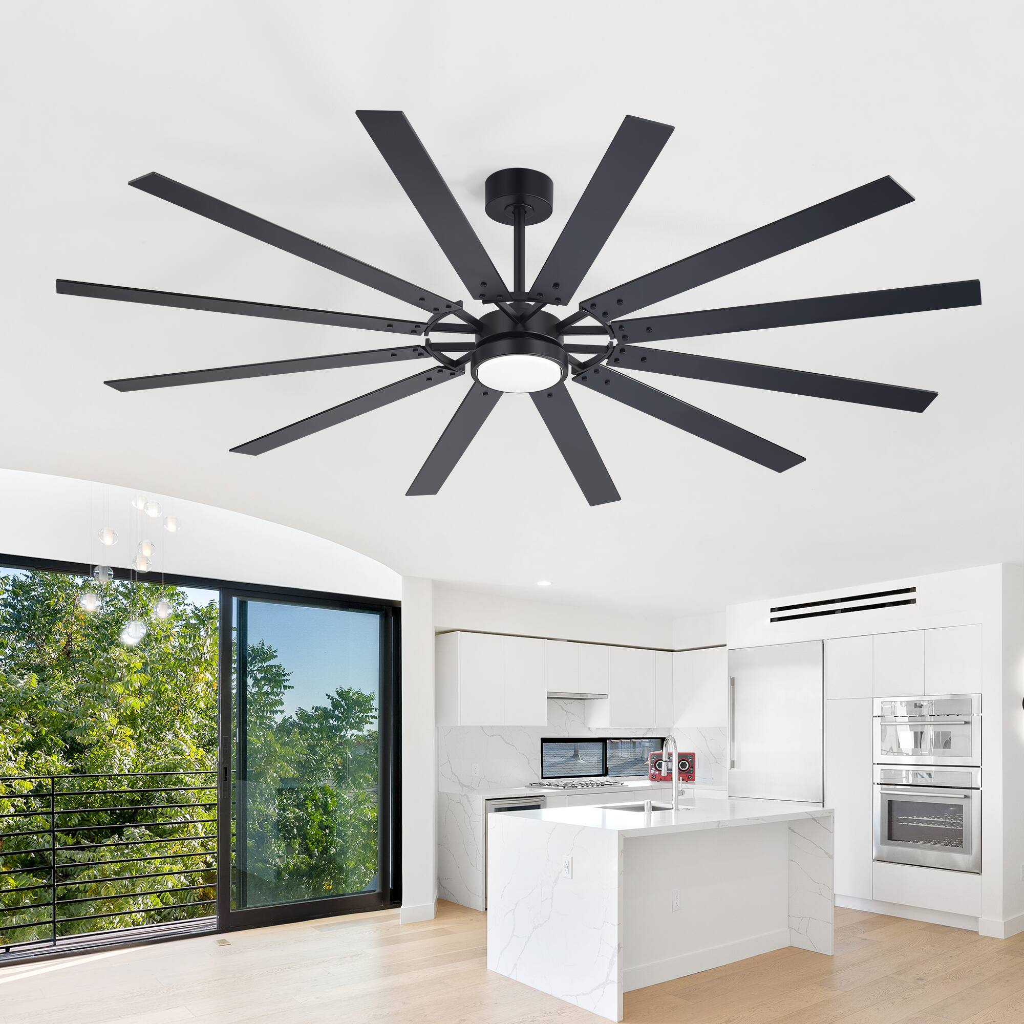 Breezary - 80-Inch Ceiling Fan with LED Light, 12 Wood Blades, DC Motor, 6 Speeds, Timer, Reversible Airflow and Remote Control - Black and Walnut