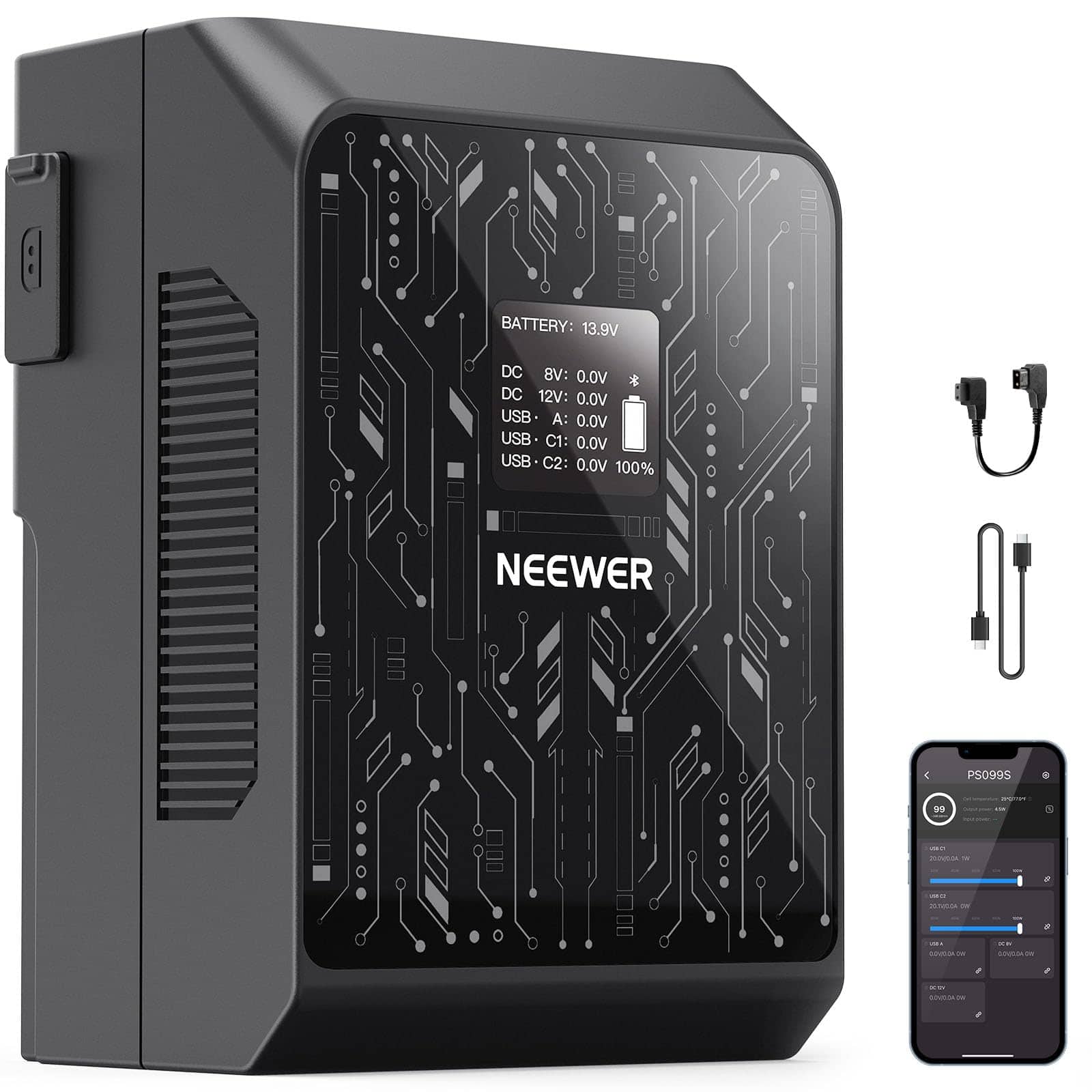 Neewer - Smart Mini V-Mount Battery, 99Wh APP Control, 100W PD, OLED, PS099S