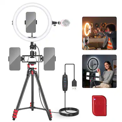Front. Neewer - 10" Selfie Ring Light Kit - with Tripod, 3 Phone Holders & Cold Shoes for YouTube/TikTok.