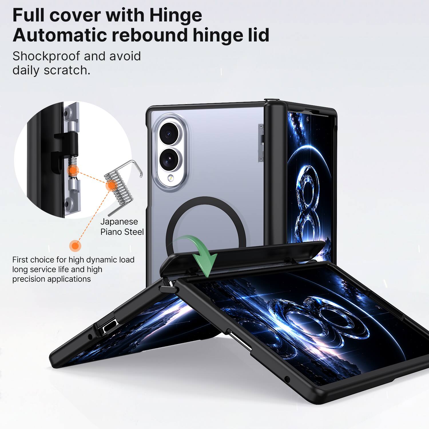 Full cover with Hinge  
Automatic rebound hinge lid  
Shockproof and avoid daily scratch.  

Japanese Piano Steel  
First choice for high dynamic load, long service life, and high precision applications