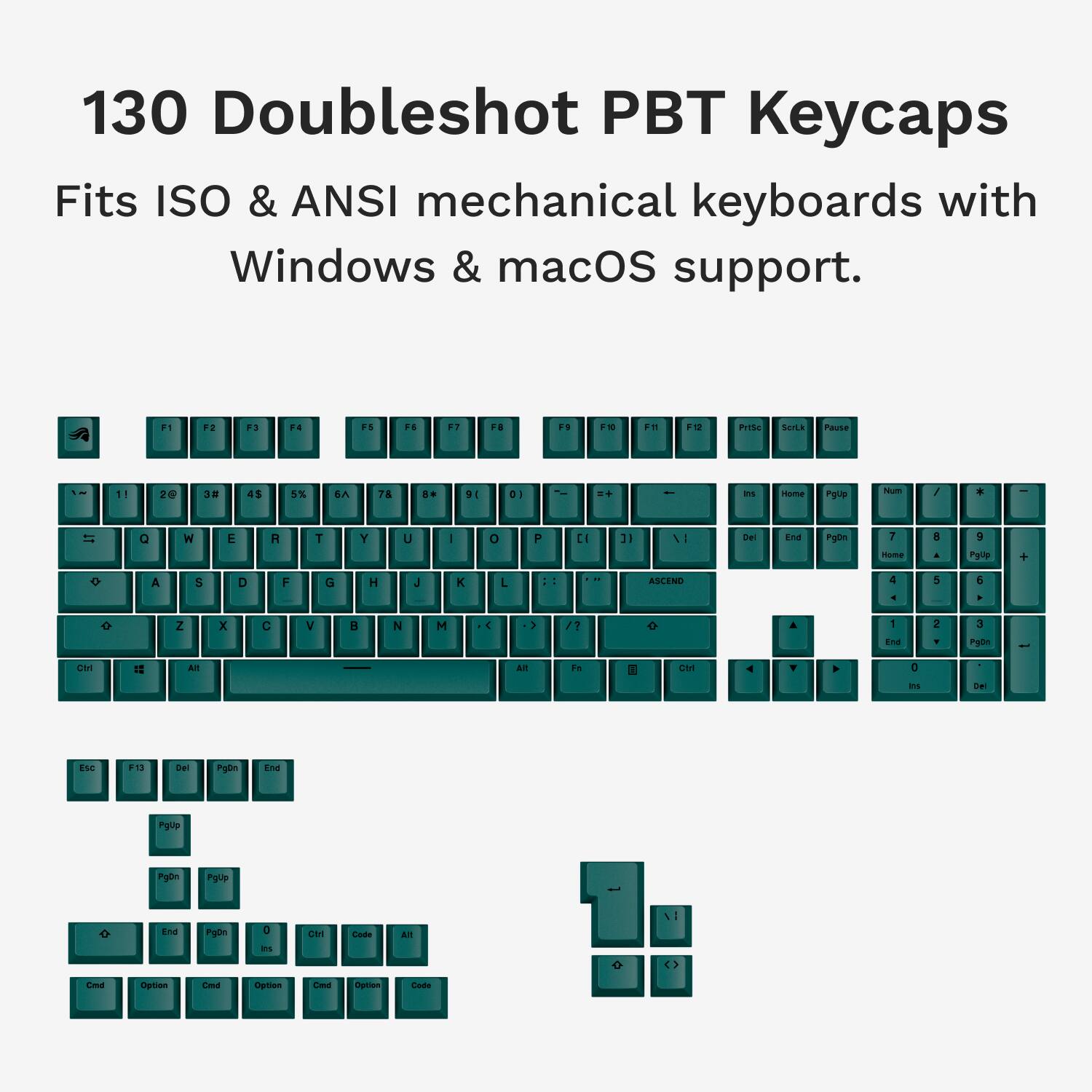 130 Doubleshot PBT Keycaps Fits ISO & ANSI mechanical keyboards with Windows & macOS support. F1 12 1 4 .5 4 E1 16 iS N i. 12 PI1Se Serts Pause 11 20 3m 4s 5T S.A 7% D 9 O I + : as Hame Pgup Num / . IT a N E R T Y u - O D CILE A! d4 En PgDs 2 nome A . 9 Prp + A 5 D 1  H  K L : - ASCEND A + 5 6 . Z x C V a N M  1 /7 7 Toe 2 . 3 P - CIr 1 A a. to    Ee ise 13 Da ingon ina hgup Ppn PgUp fre Pglin a Can Cade . i Cma Crarsiom Cma Coas Caa Cignian Cada