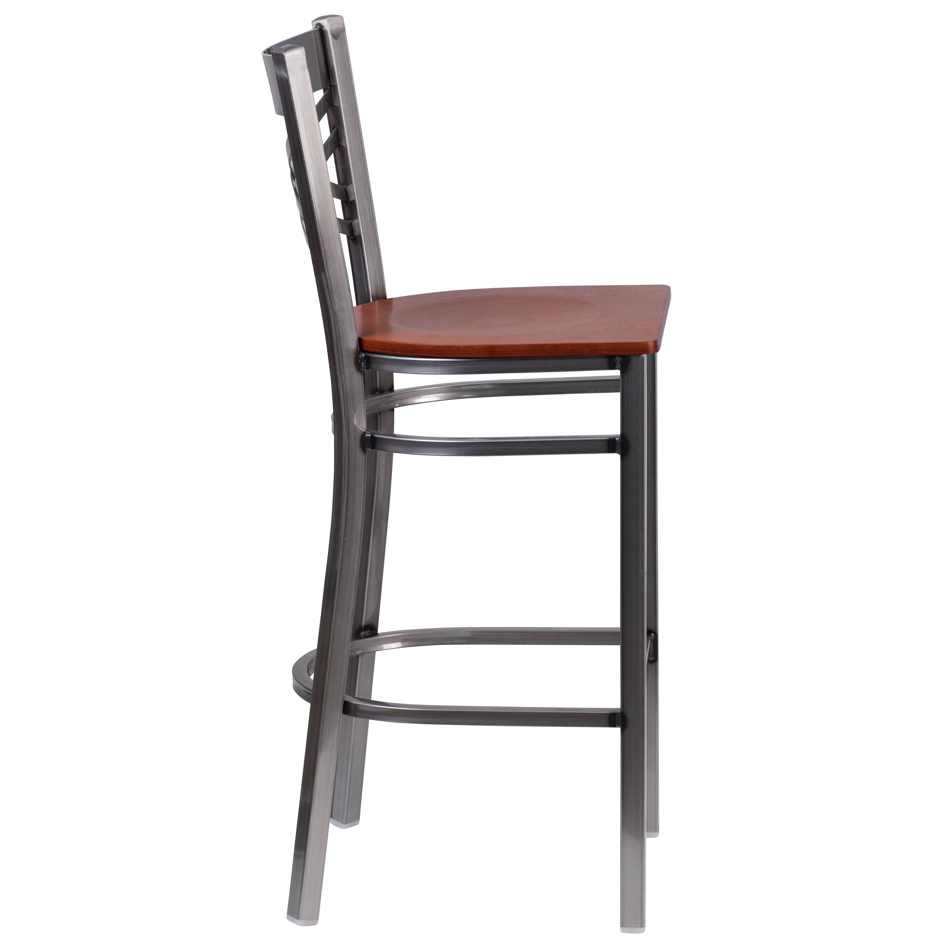 Alt View 4. Emma + Oliver - Clear Coated "X" Back Metal Restaurant Dining Barstool - Cherry Wood Seat/Clear Coated Metal Frame.