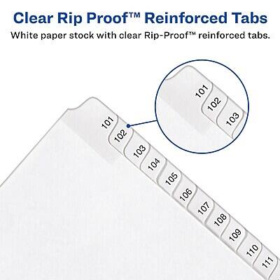 Clear Rip Proof™ Reinforced Tabs  
White paper stock with clear Rip-Proof™ reinforced tabs.  

101 102 103 104 105 106 107 108 109 110 111