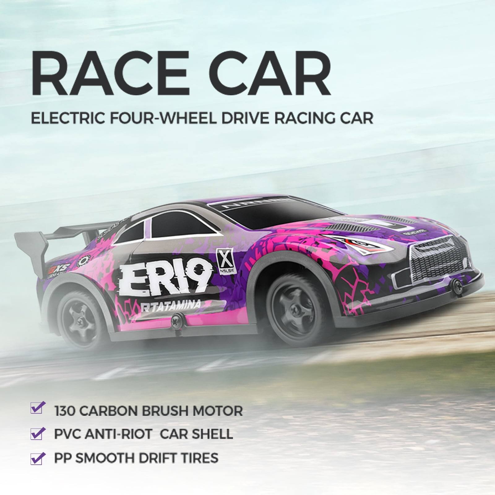 RACE CAR  
ELECTRIC FOUR-WHEEL DRIVE RACING CAR  

ERI9  
RTATAMINA  

130 CARBON BRUSH MOTOR  
PVC ANTI-RIOT CAR SHELL  
PP SMOOTH DRIFT TIRES