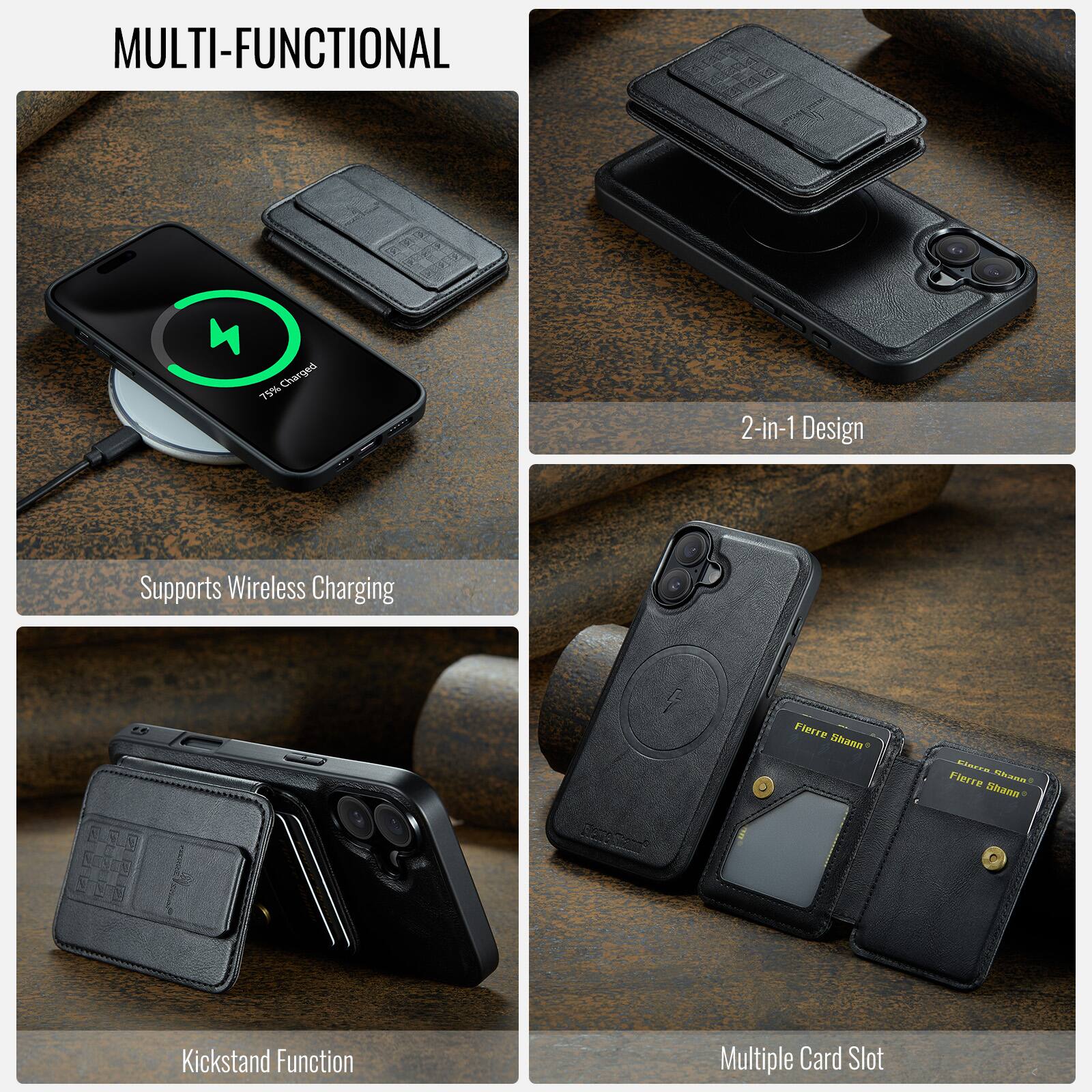 MULTI-FUNCTIONAL

- 2-in-1 Design
- Supports Wireless Charging
- Kickstand Function
- Multiple Card Slot