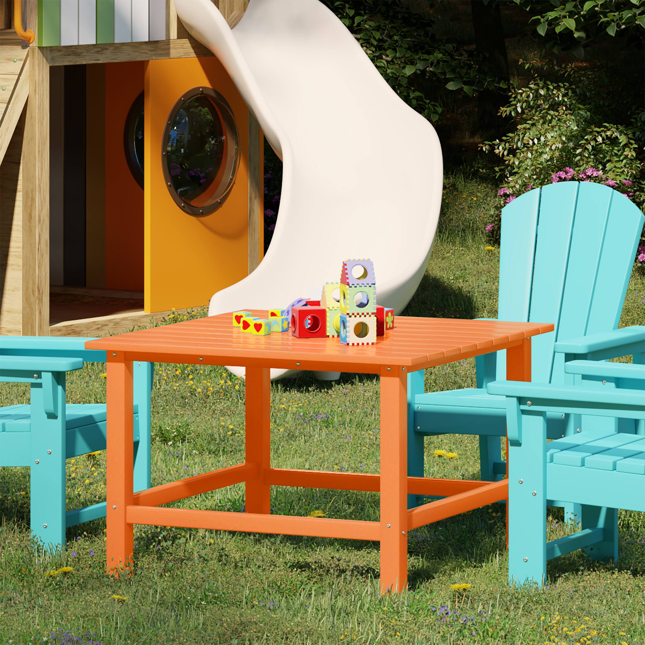 Angle. WestinTrends - WestinTrends Malibu Kids Outdoor Patio Furniture HDPE 30" Wide Square Dining Table - Orange.