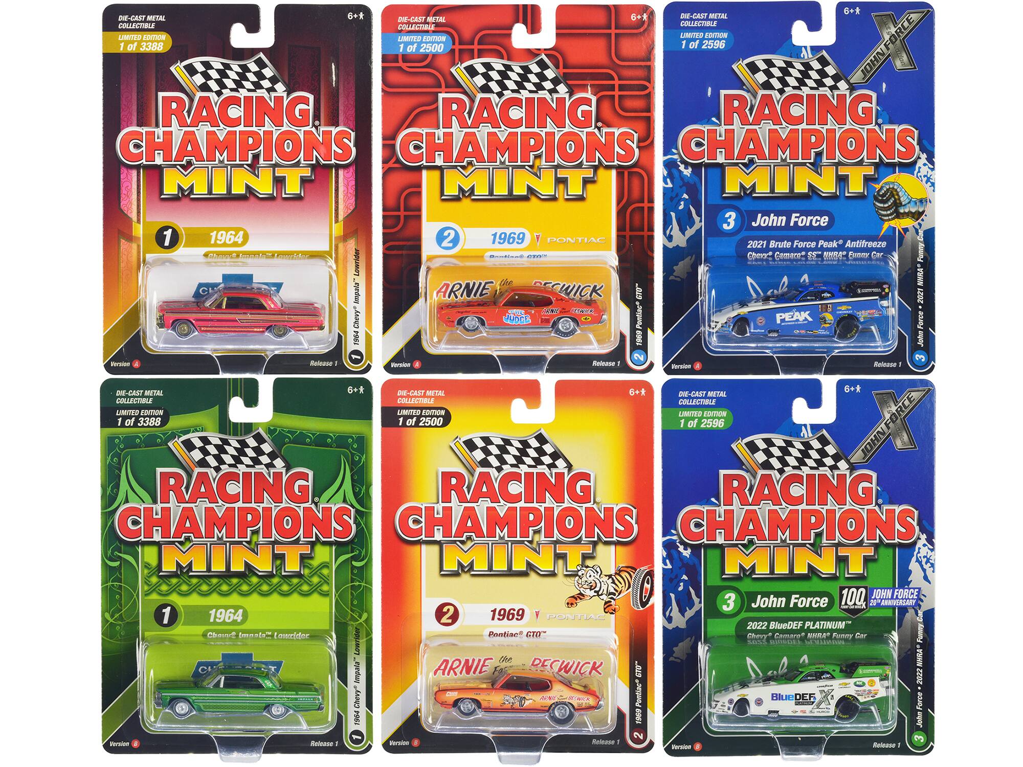 Sure, here is the corrected and grouped text from the image:

---

**RACING CHAMPIONS MINT**

1. **1964**
   - Chevy Impala "Laserforce"
   - DIE-CAST METAL
   - COLLECTIBLE
   - LIMITED EDITION
   - 1 of 3388
   - Version 1
   - Release 1

2. **1969**
   - Pontiac GTO
   - ARNIE "the DESWICK"
   - DIE-CAST METAL
   - COLLECTIBLE
   - LIMITED EDITION
   - 1 of 2500
   - Version 1
   - Release 1

3. **John Force**
   - 2021 Brute Force Peak Antifreeze
   - Chevy Camaro SS NHRA Funny Car
   - DIE-CAST METAL
   - COLLECTIBLE
   - LIMITED EDITION
   - 1 of 2596
   - Version 1
   - Release 1

4. **1964**
   - Chevy Impala "Laserforce"
   - DIE-CAST METAL
   -