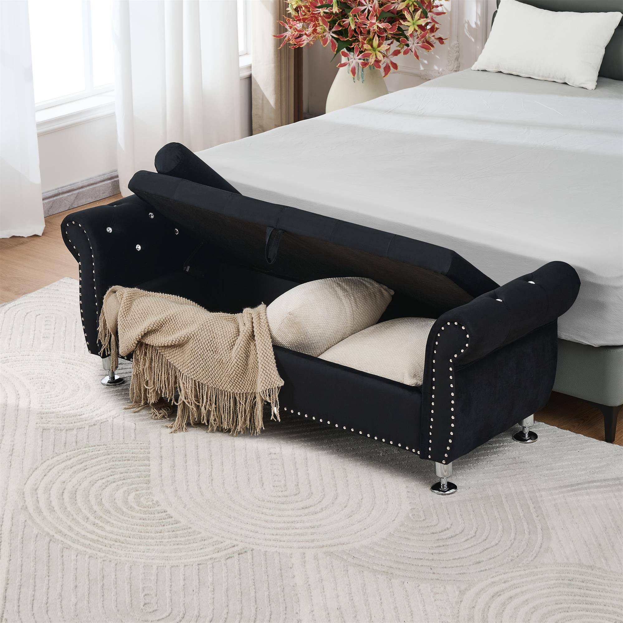 Alt View 3. Boyel Living - 62.2In Black Velvet Storage Bench w Crystal Buttons&Pillow for Bedroom Living Room - Black.