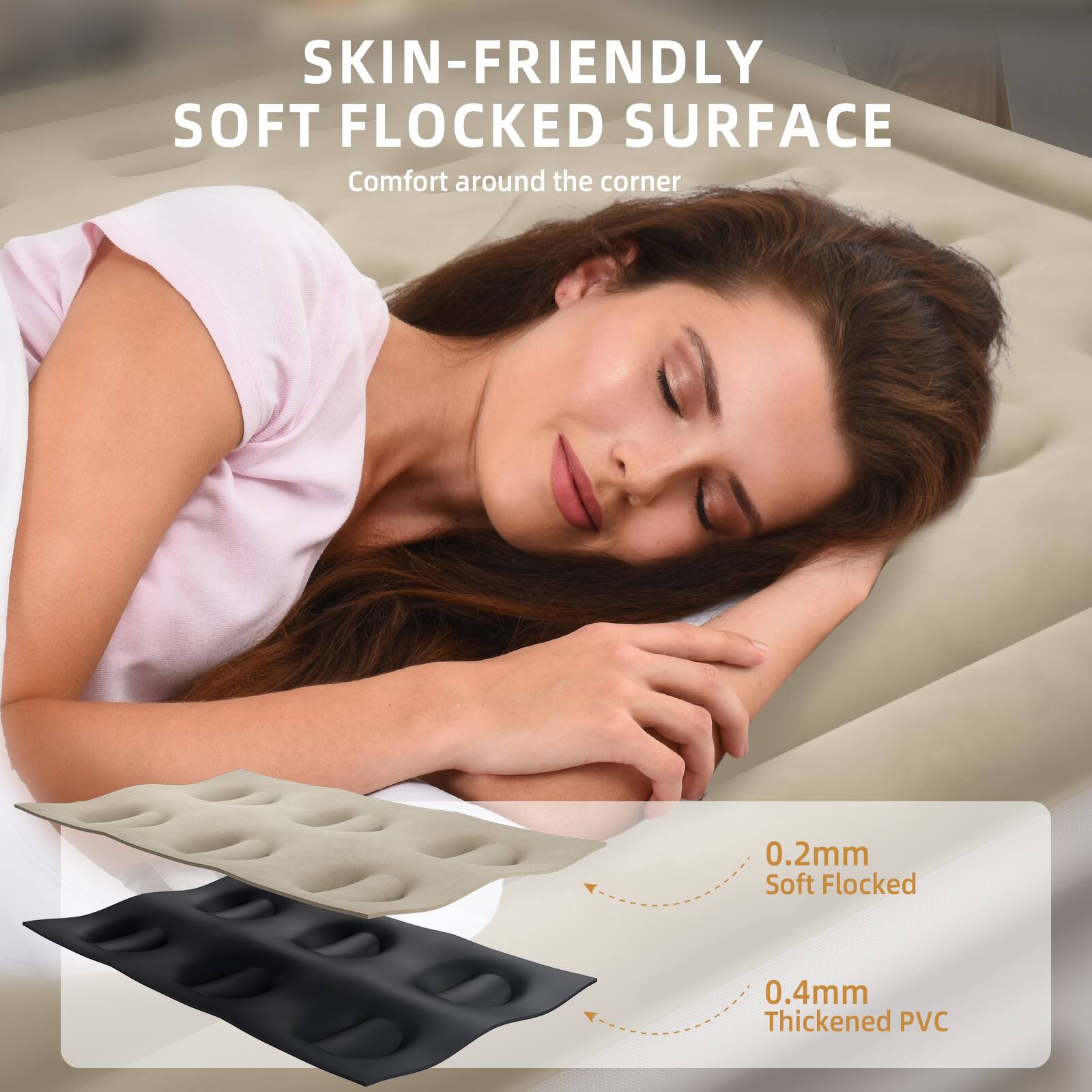 SKIN-FRIENDLY  
SOFT FLOCKED SURFACE  
Comfort around the corner  

0.2mm  
Soft Flocked  

0.4mm  
Thickened PVC