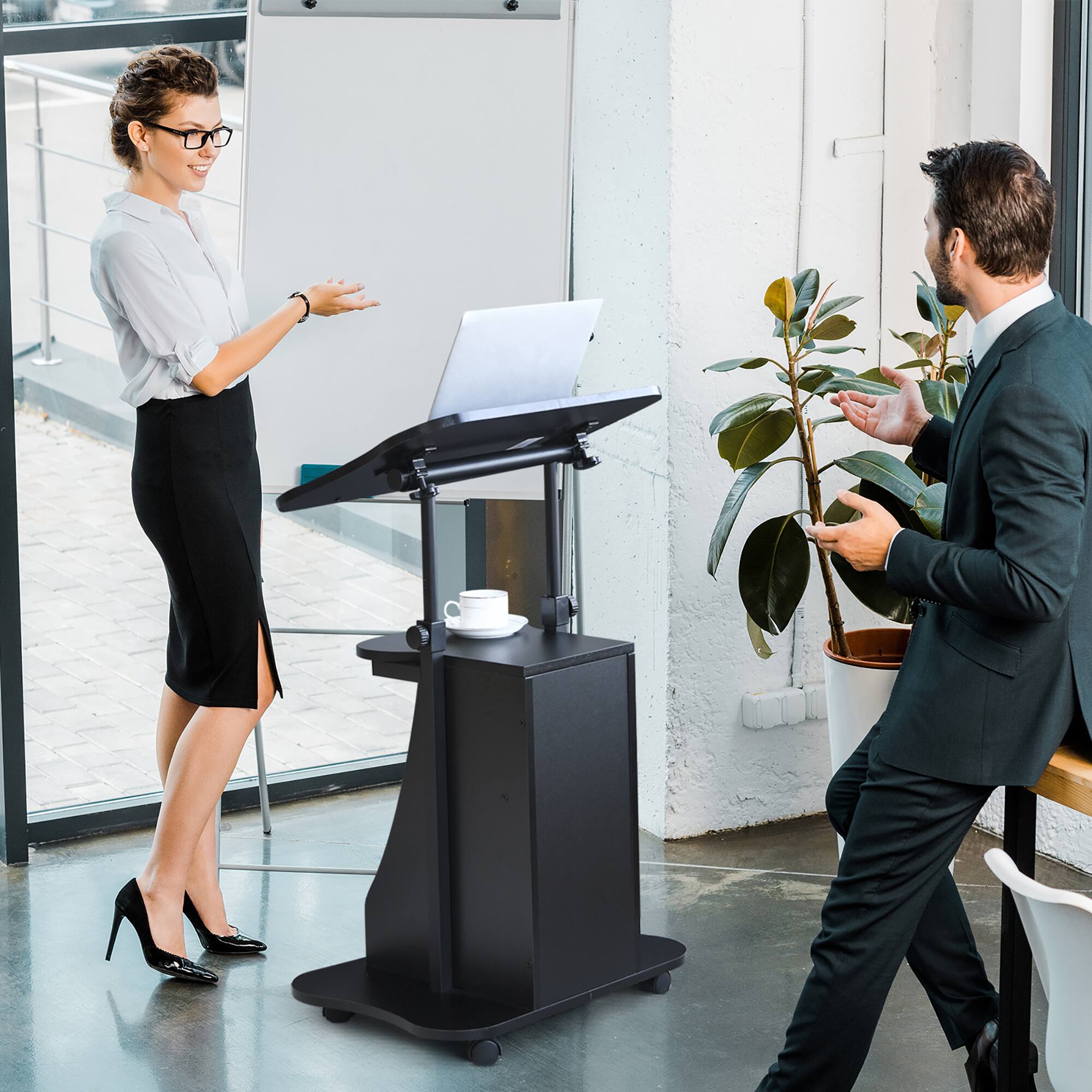 Alt View 4. Costway - Costway Height Adjustable Standing Desk Mobile Podium Cart w/Tilt Desktop & Door Cabinet - Black.