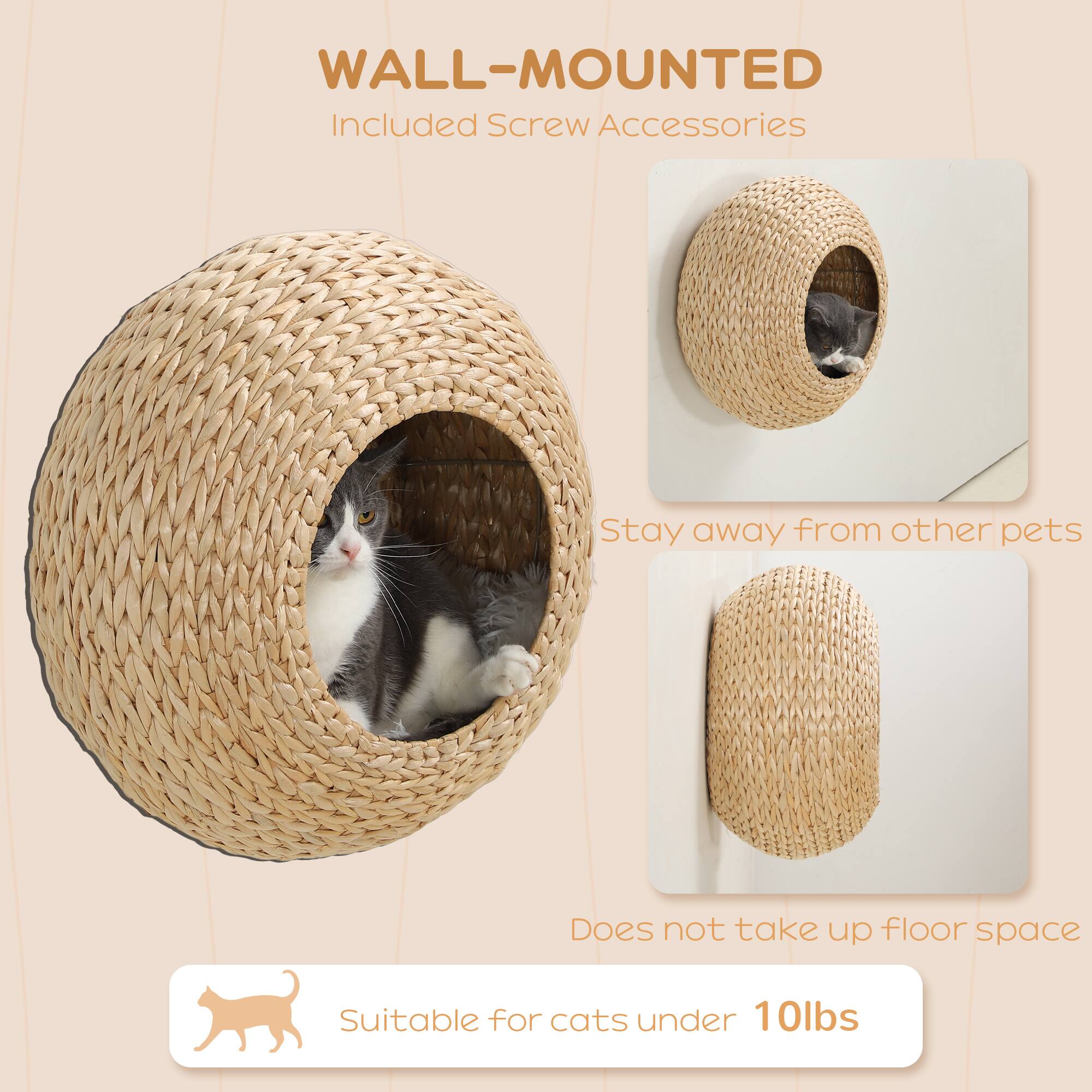 Back. Pawhut - Cat Wall Furniture, Wall Mounted Cat Condo with Washable Cushion, Wall Shelf for Indoor Cats Kittens - Natural Wood.