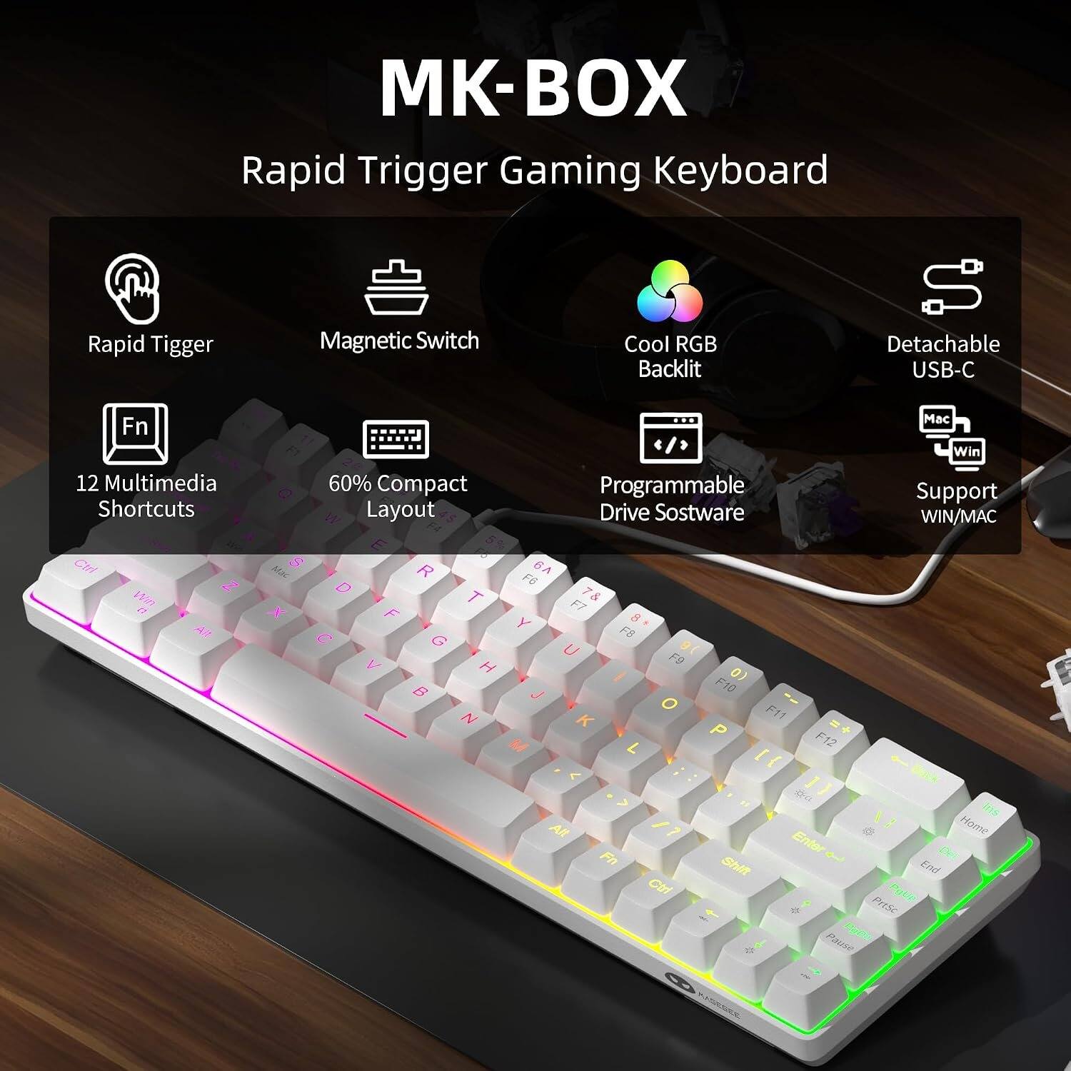 MageGee MK BOX Rapid Trigger Magnetic Switch Keyboard 68 Key Wired Hall ...