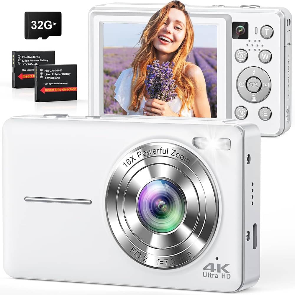 ACJPR - 4K 64MP Digital Camera, Dual Camera, 16X Zoom, Anti-Shake, 32GB Card