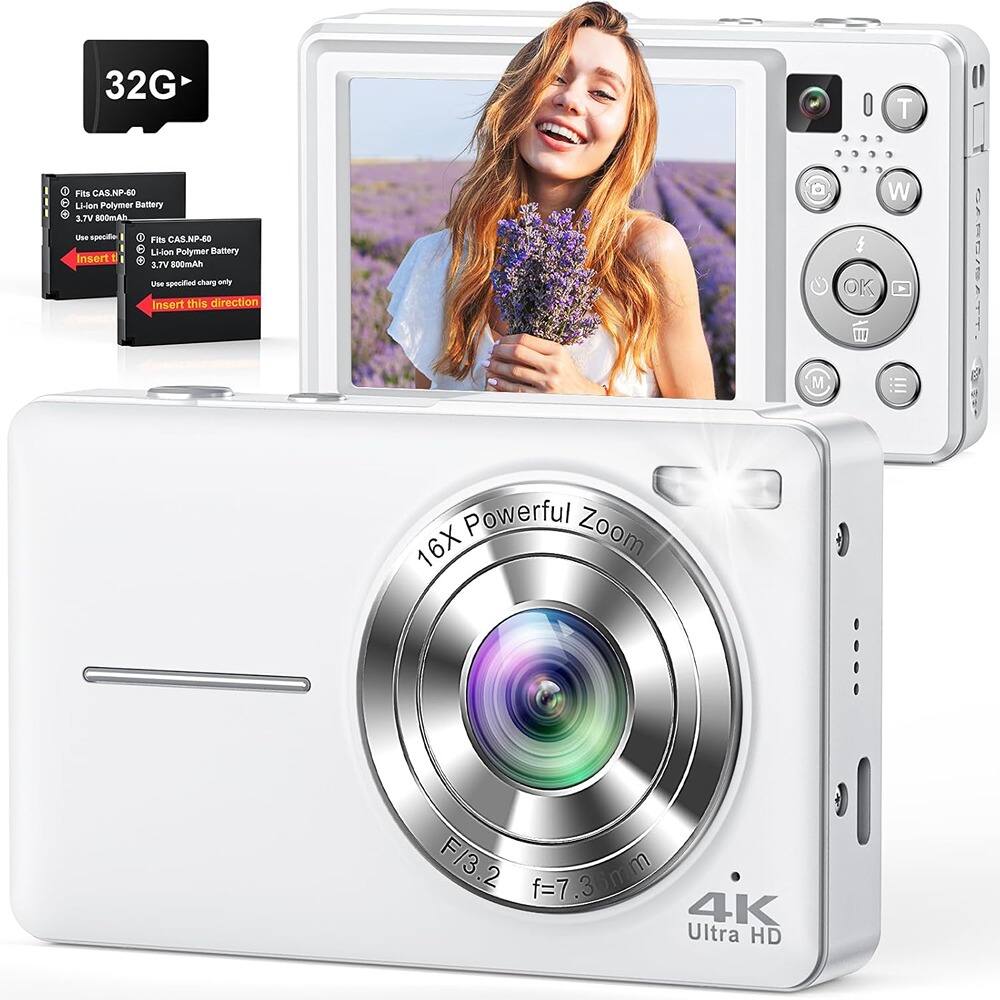 ACJPR - 4K 64MP Digital Camera, Dual Camera, 16X Zoom, Anti-Shake, 32GB Card