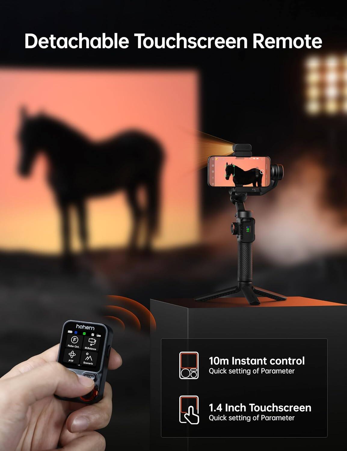 Detachable Touchscreen Remote:

* 1.4 Inch Touchscreen
* 10m Instant Control
* Quick setting of Parameters

The image features a hand holding a remote control, with a horse in the background. The text on the image describes the remote as having a detachable touchscreen, allowing for quick and easy control of parameters. The remote also has a 1.4 inch touchscreen, making it convenient for users to navigate and operate the device. Additionally, the remote offers 10m instant control, ensuring that users can control the device from a distance.