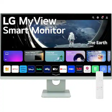 LG MyView Smart Monitor
The Earth
Home Office
Work on a large screen
Home Hub
A hub of the smart home
Music
Enjoy various songs
Sports
All sports information
Ed TV
Education
PC
prime video
NETFLIX
Disney+
hulu
sling tv
YouTube
mex
tubi
shop
APPS
LG