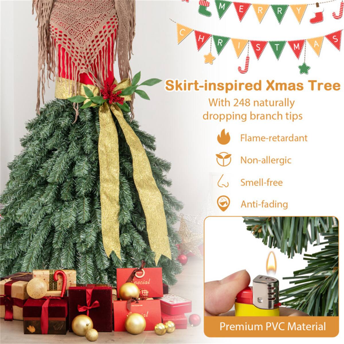 Sure, here is the corrected and grouped text:

---

**Merry Christmas**

**Skirt-inspired Xmas Tree**

- With 248 naturally dropping branch tips
- Flame-retardant
- Non-allergic
- Smell-free
- Anti-fading

**Premium PVC Material**

---