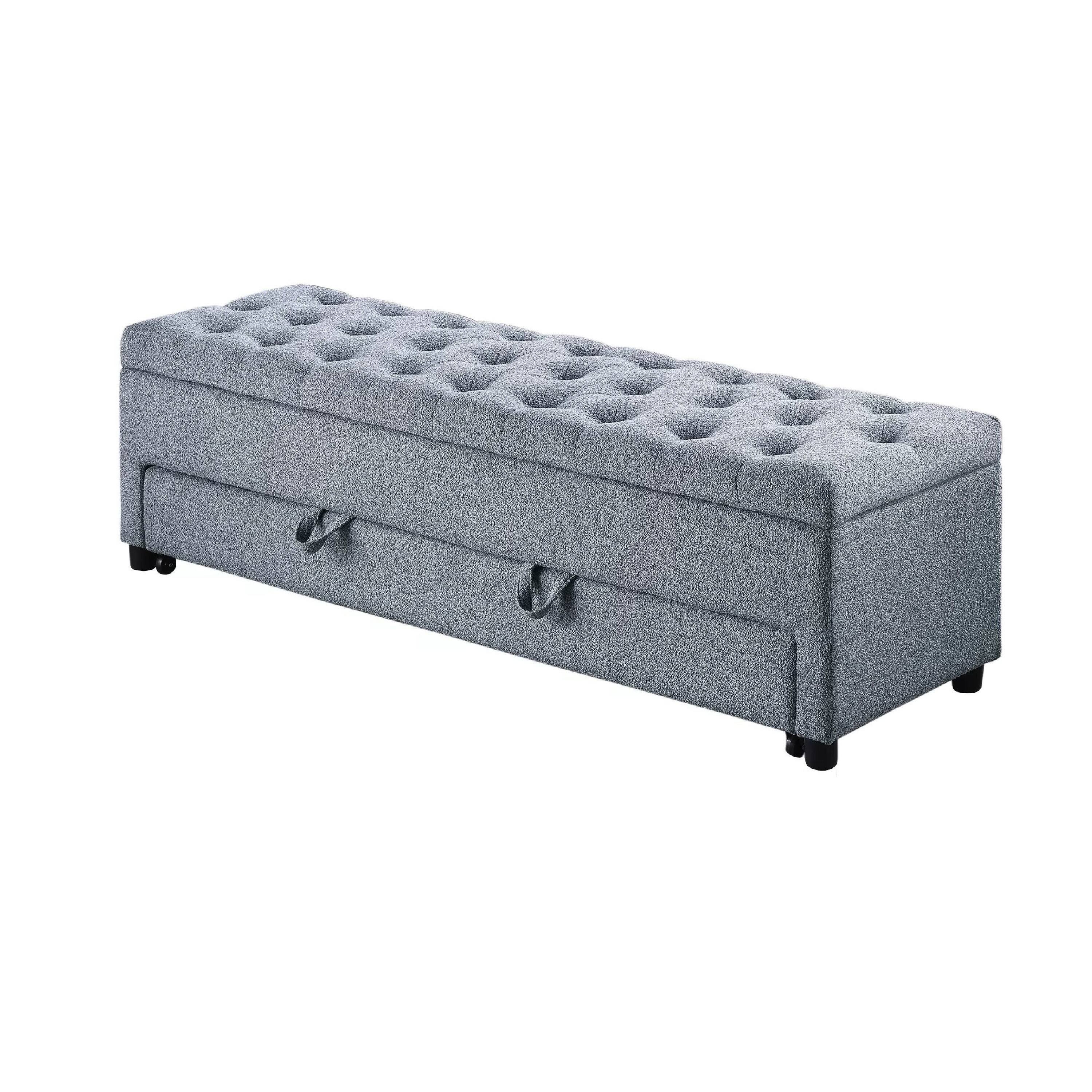 Alt View 1. Manhattan Lane - Kenny Ottoman, Underseat Drawer, Gray Button Tufted Boucle 60 Inch - Gray, Black.