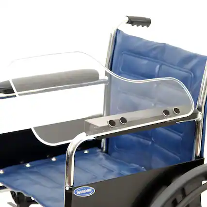 Front. Invacare - Wheelchair Half Lap Tray Clear Acrylic Flip-Up Support Tray, Left Side Mount - Natural wood.
