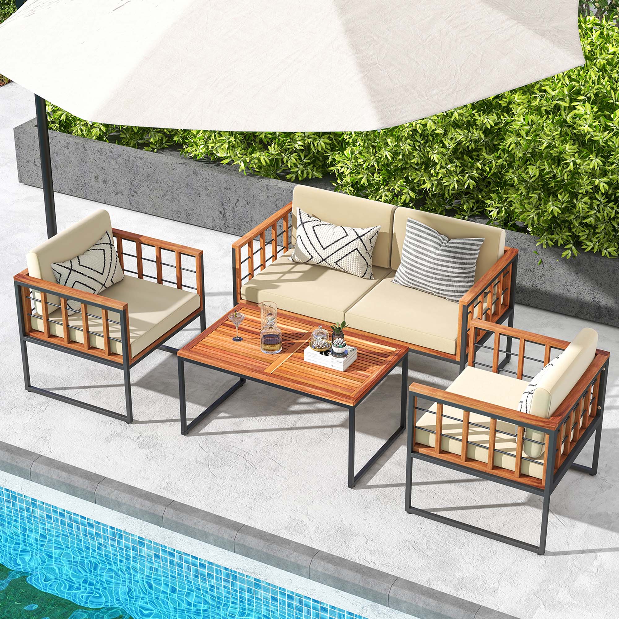 Alt View 4. Costway - Costway 4 PCS Acacia Wood Outdoor Sofa Set with Heavy Duty Metal Frame Soft Seat - Beige,Natural, Black.