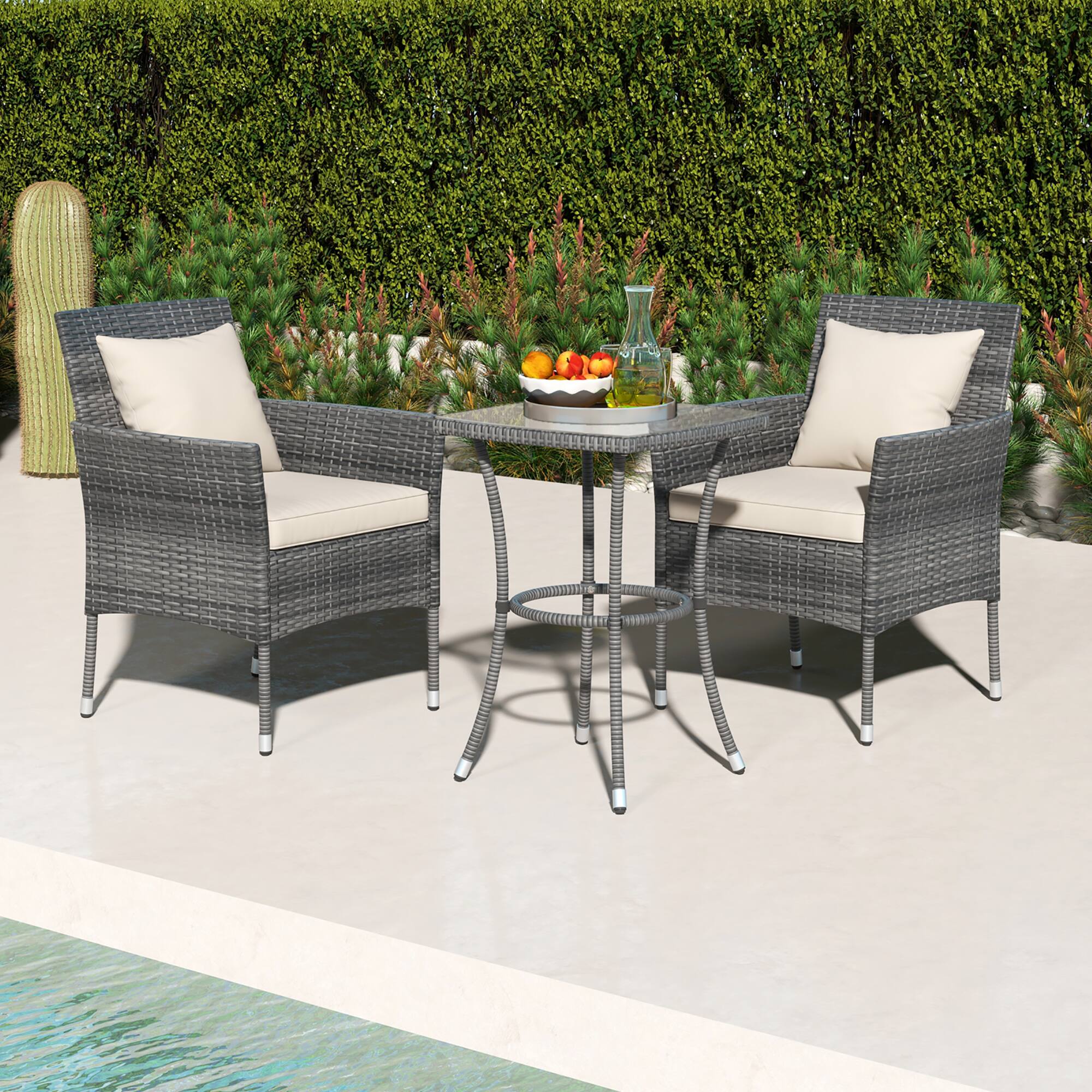 Alt View 4. Gymax - Gymax 3-Piece Patio Furniture Set PE Wicker Conversation Bistro Set w/ A Tempered Glass Table - Mix Gray, Off White.