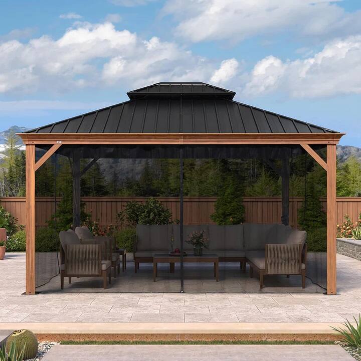 Alt View 7. PURPLE LEAF - 12' X 14' Hardtop Outdoor Wood Grain Aluminum Gazebo with Double Roof for Patio Lawn and Garden, Netting Included - 12' X 14'.