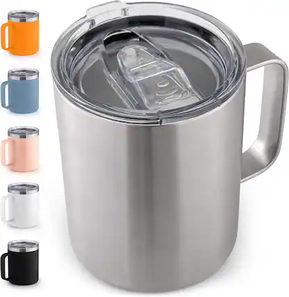 Front. Zulay Kitchen - Zulay Kitchen 12oz Insulated Coffee Mug with Lid - Stainless Steel Camping Mug Tumbler with Handle - Silver.