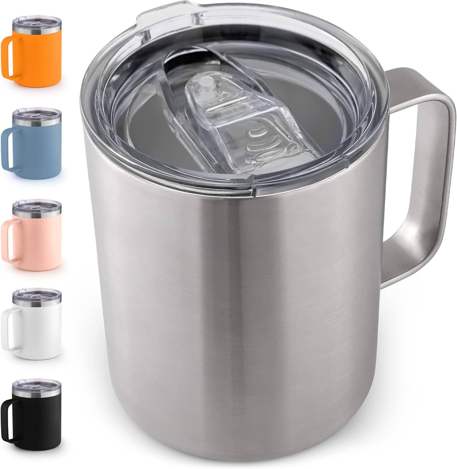 Front. Zulay Kitchen - Zulay Kitchen 12oz Insulated Coffee Mug with Lid - Stainless Steel Camping Mug Tumbler with Handle - Silver.