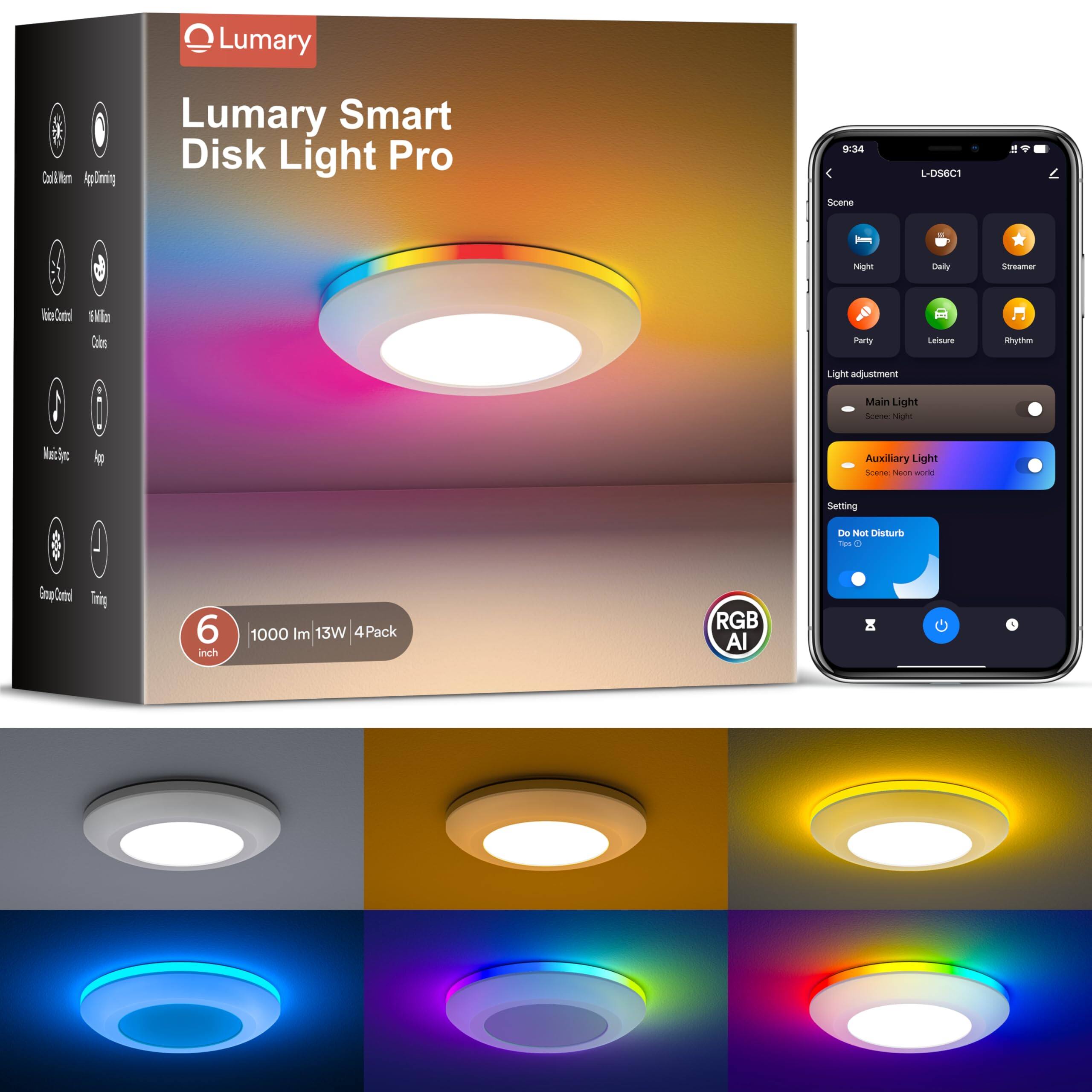 Lumary - 5/6" Smart Recessed Light with RGB Ring WiFi Flush Mount Ceiling Light, Works with Alexa & Google Assistant, 4 Pack - White