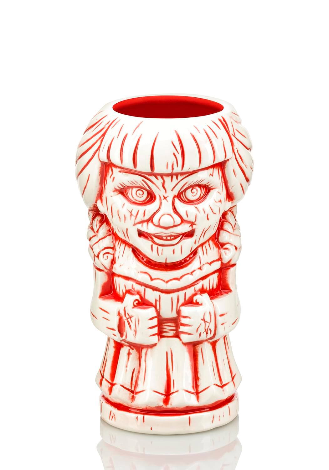 Front. ThinkGeek - Geeki Tikis Annabelle Doll Mug | Ceramic Tiki Style Cup | Holds 16 Ounces - Red.