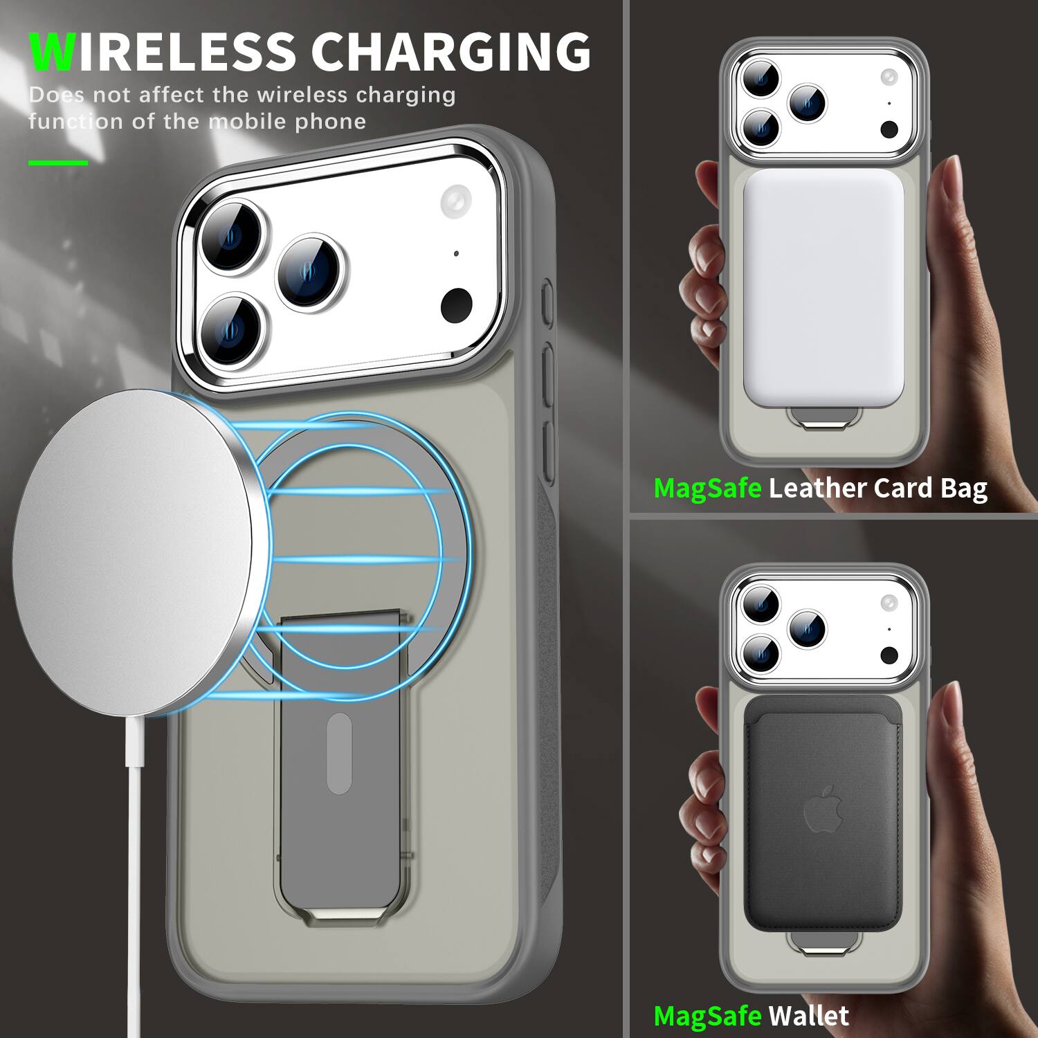 WIRELESS CHARGING  
Does not affect the wireless charging function of the mobile phone

MagSafe Leather Card Bag

MagSafe Wallet