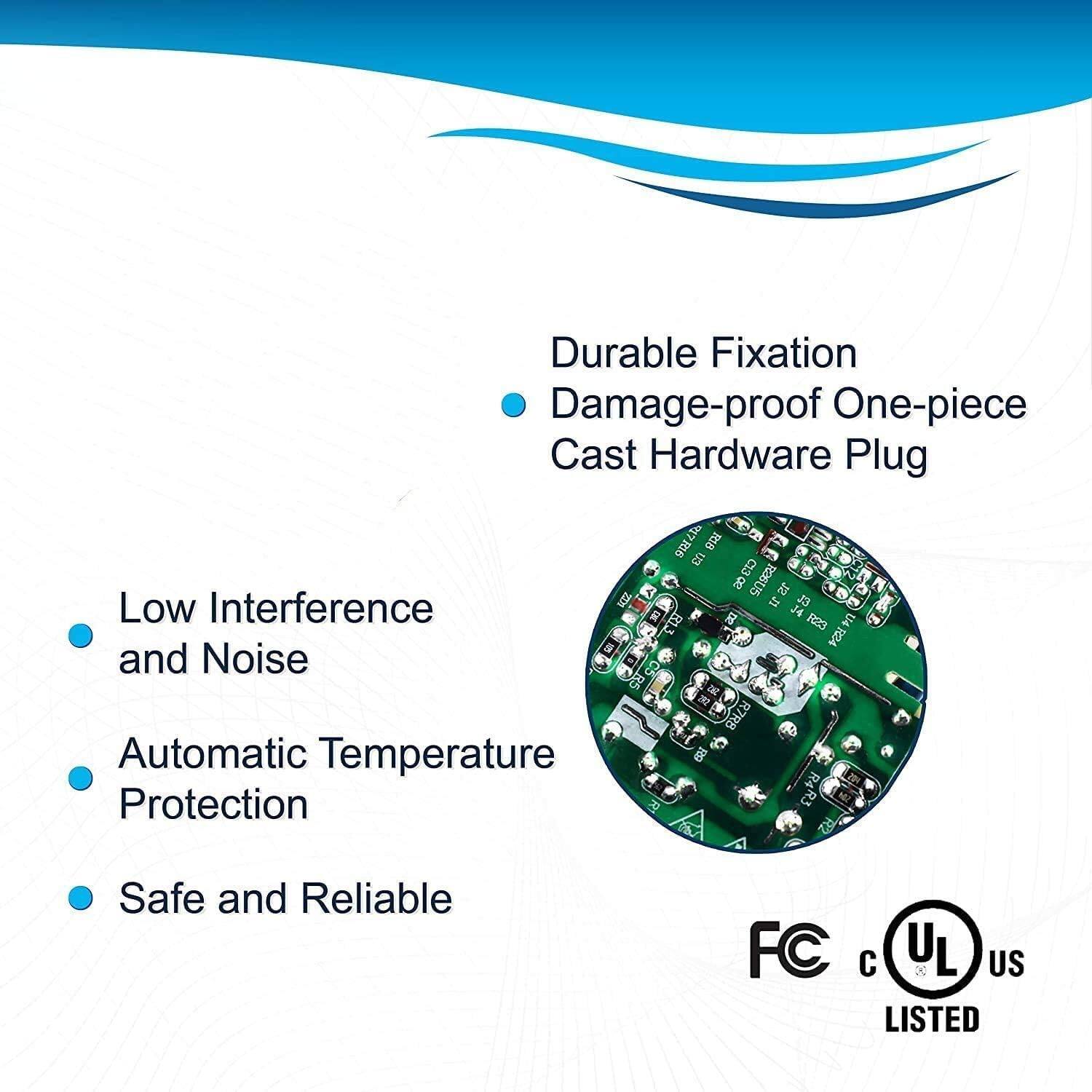 Durable Fixation  
Damage-proof One-piece Cast Hardware Plug  

- Low Interference and Noise  
- Automatic Temperature Protection  
- Safe and Reliable  

FC  
cUL  
US LISTED